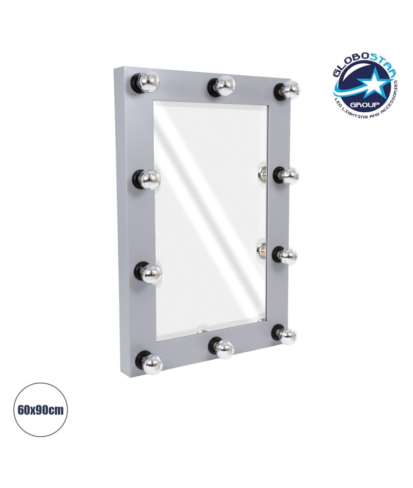 GloboStar® MAKEUP MIRROR-60x90-3 Μοντέρνος Καθρέπτης Μακιγιάζ με Πλαίσιο Φυσικού Ξύλου με Διακόπτη On-Off 10 x E27 AC220-240V - Μ60 x Π7 x Υ90cm - Γκρι Τσιμέντου